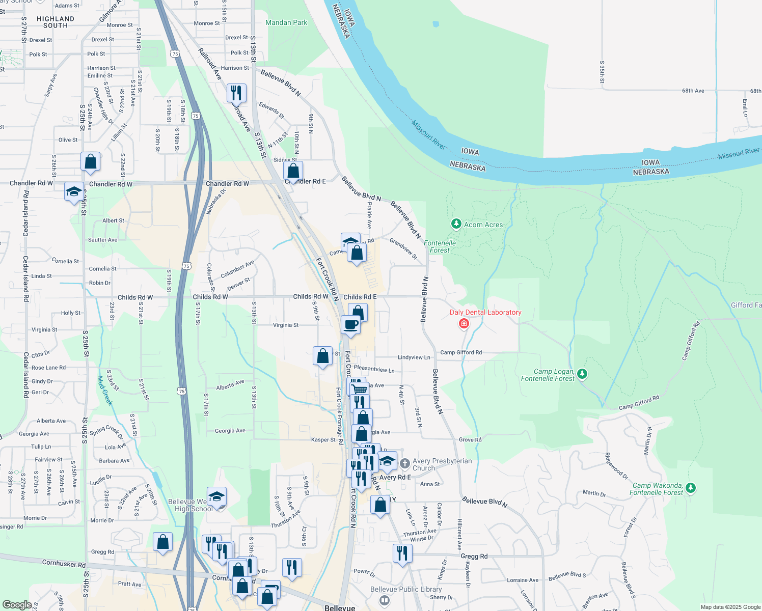 map of restaurants, bars, coffee shops, grocery stores, and more near 2103 Fraser Court in Bellevue