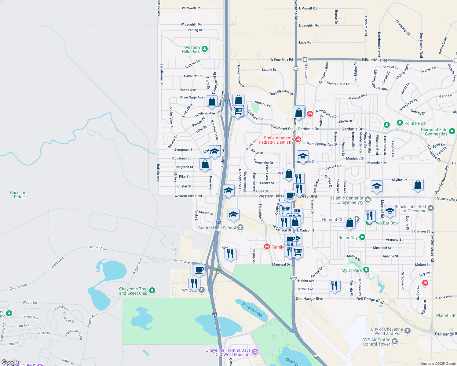 map of restaurants, bars, coffee shops, grocery stores, and more near 531 Dartmouth Lane in Cheyenne