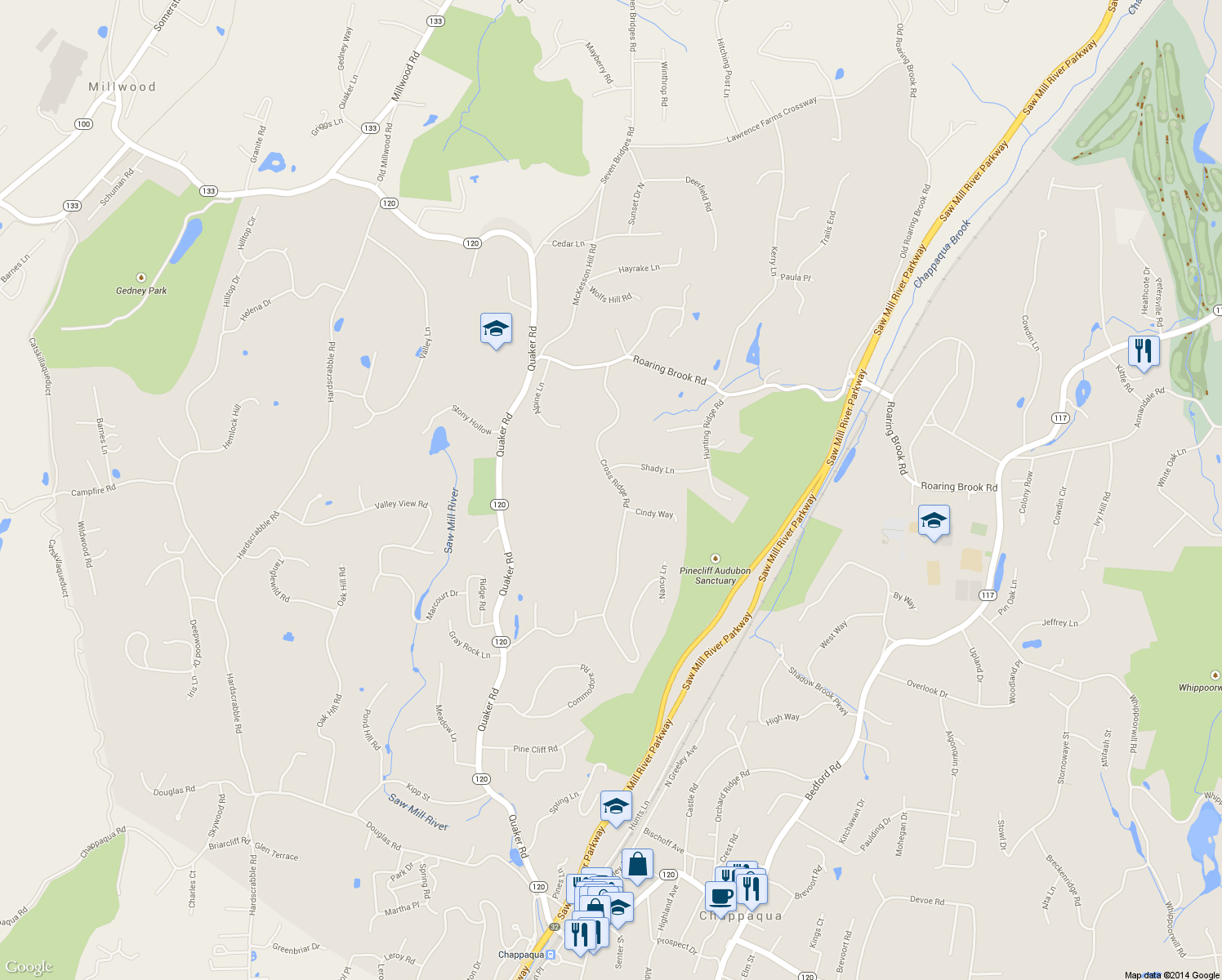 map of restaurants, bars, coffee shops, grocery stores, and more near 50 Cross Ridge Road in Chappaqua