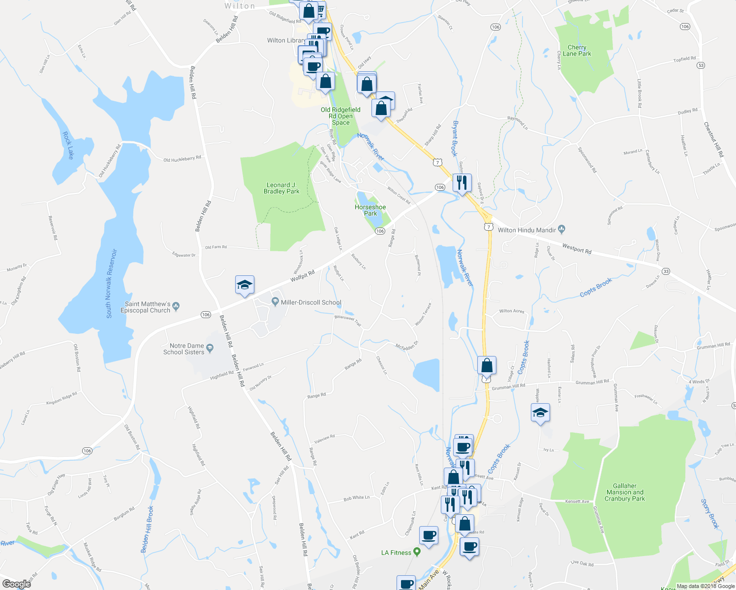 map of restaurants, bars, coffee shops, grocery stores, and more near 69 Range Road in Wilton
