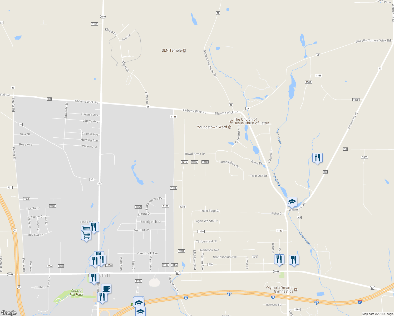 map of restaurants, bars, coffee shops, grocery stores, and more near 955 Royal Arms Drive in Girard