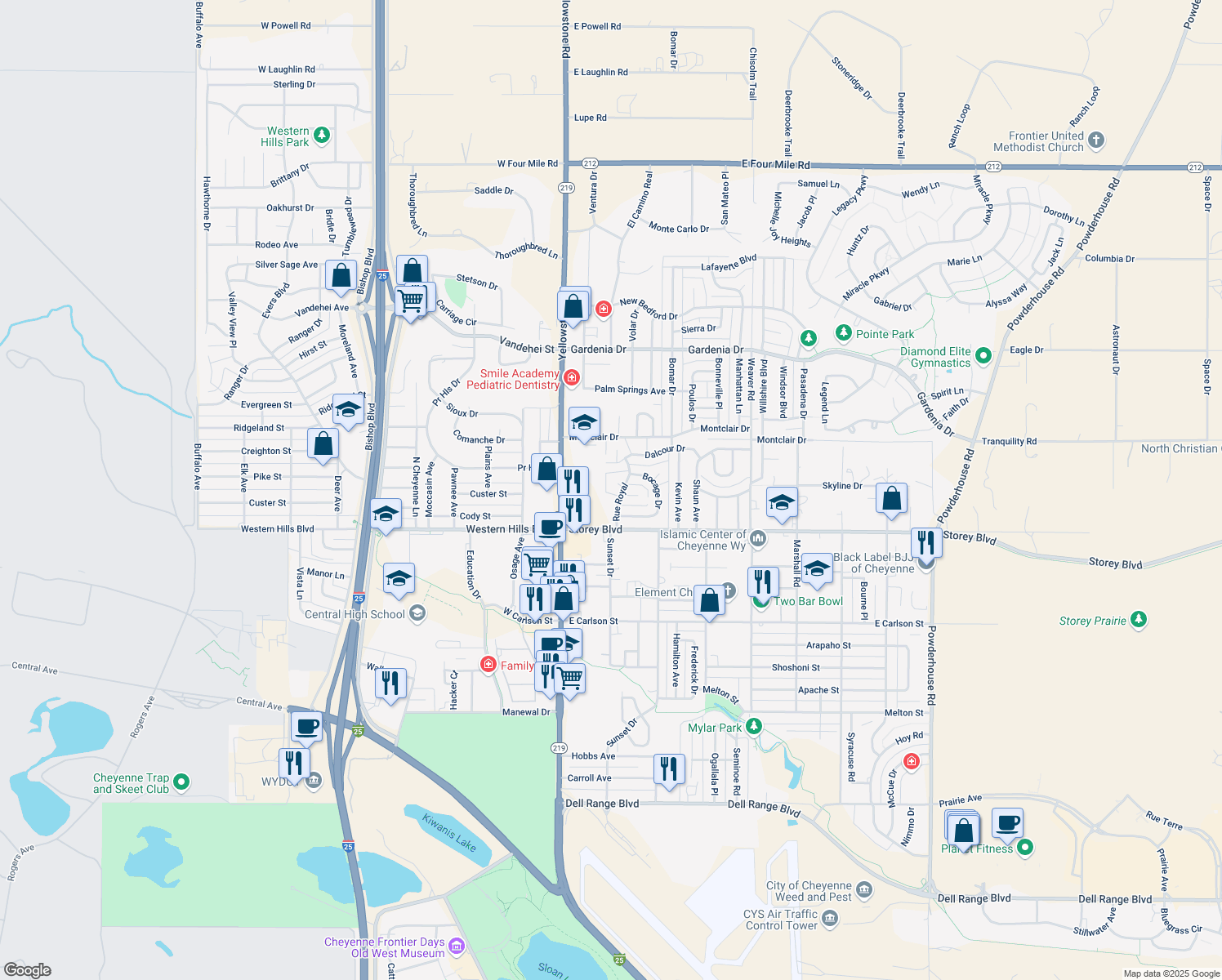 map of restaurants, bars, coffee shops, grocery stores, and more near 6316 Marsellaise Ct in Cheyenne