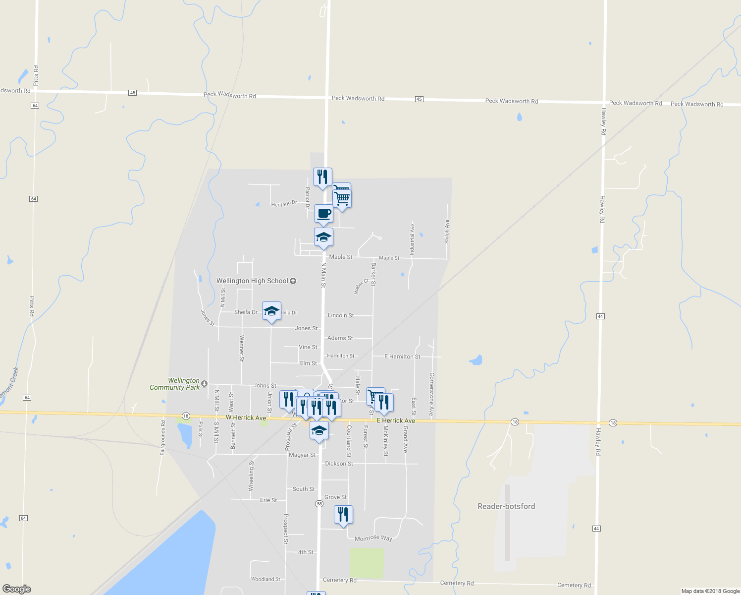 map of restaurants, bars, coffee shops, grocery stores, and more near 523 Barker Street in Wellington