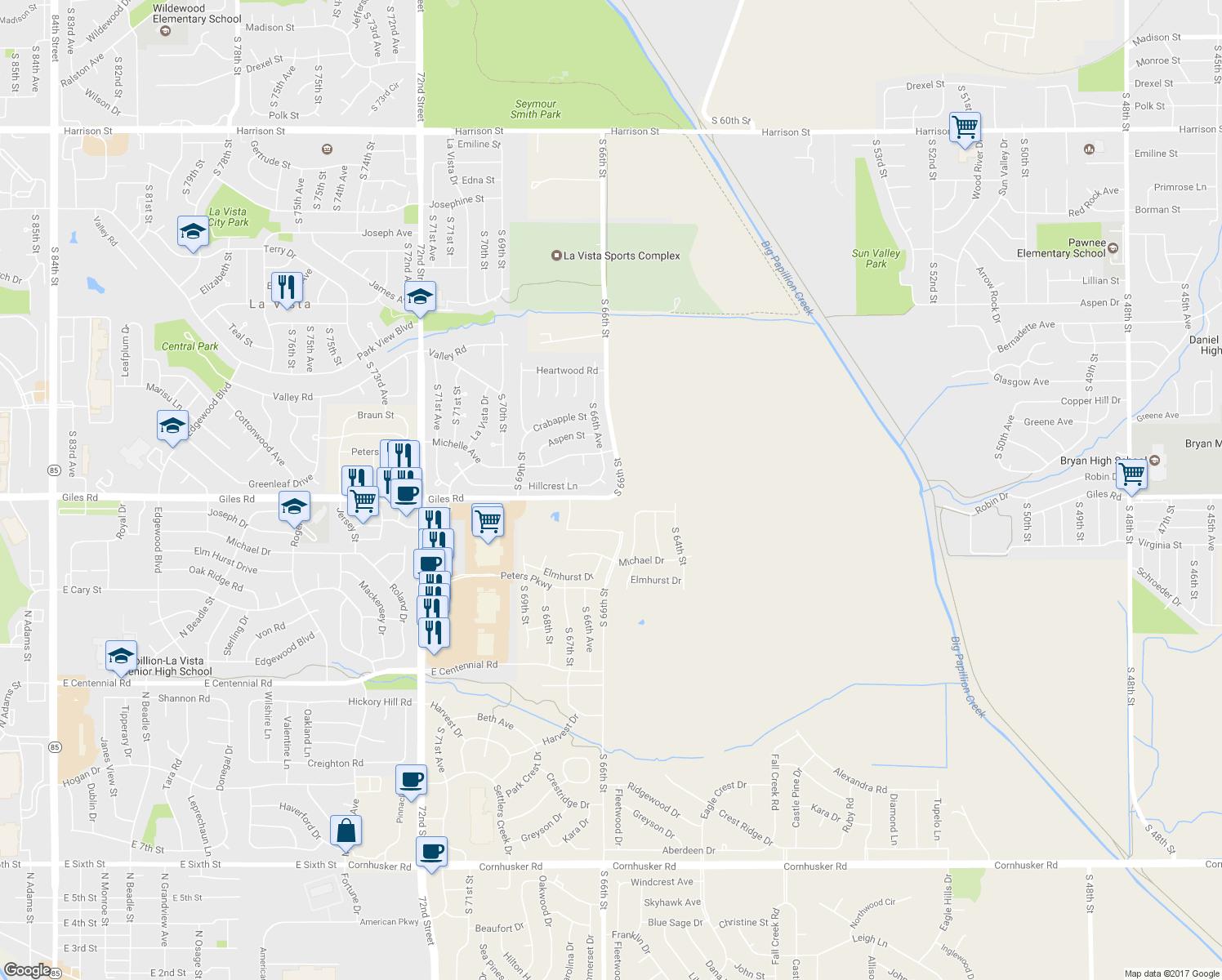 map of restaurants, bars, coffee shops, grocery stores, and more near 8229 South 66th Avenue Court in La Vista