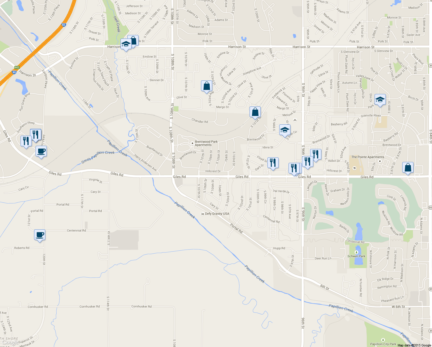map of restaurants, bars, coffee shops, grocery stores, and more near 10431 Hillcrest Drive in La Vista