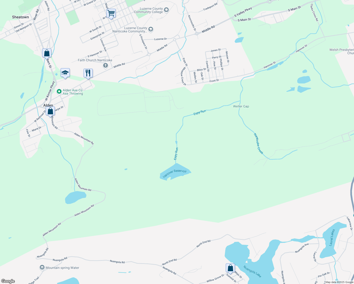 map of restaurants, bars, coffee shops, grocery stores, and more near Meadow Crest Drive in Nanticoke