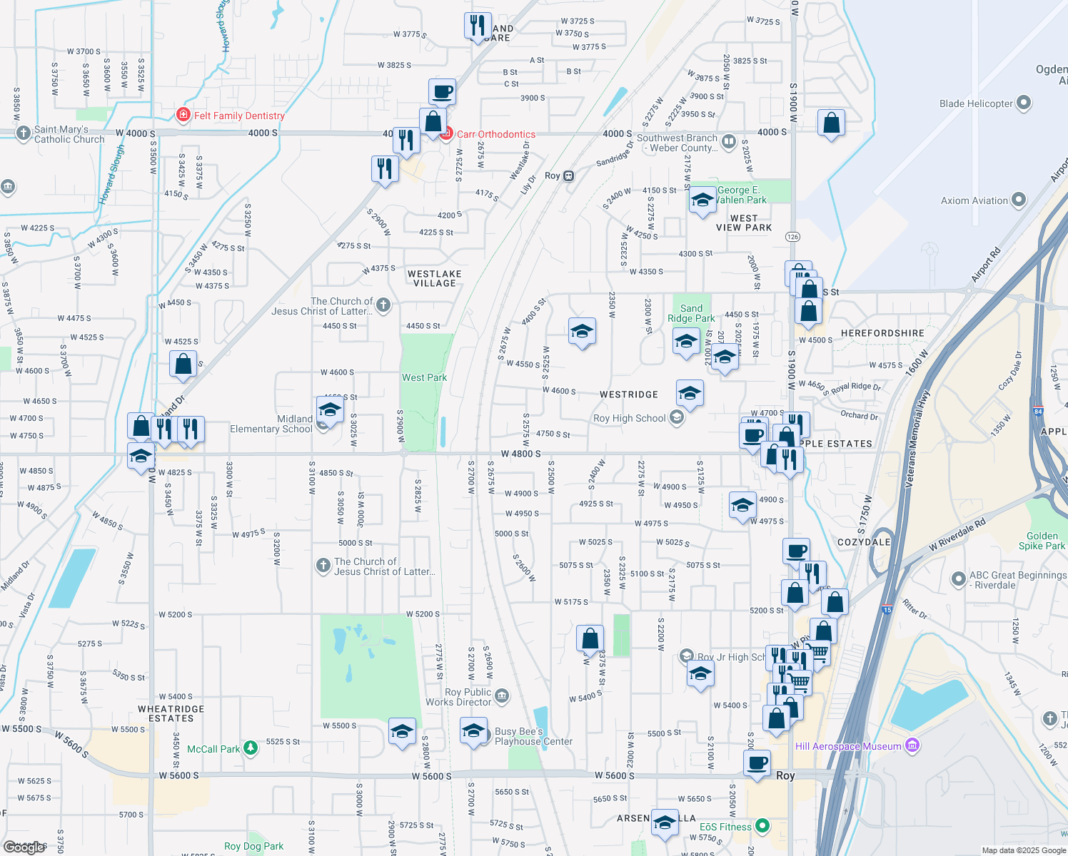 map of restaurants, bars, coffee shops, grocery stores, and more near 2550 West 4750 South in Roy
