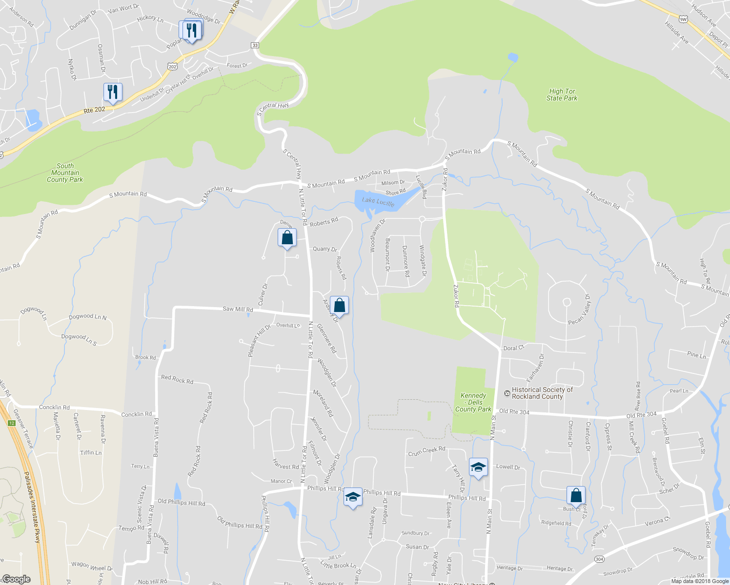 map of restaurants, bars, coffee shops, grocery stores, and more near 74 York Court in New City