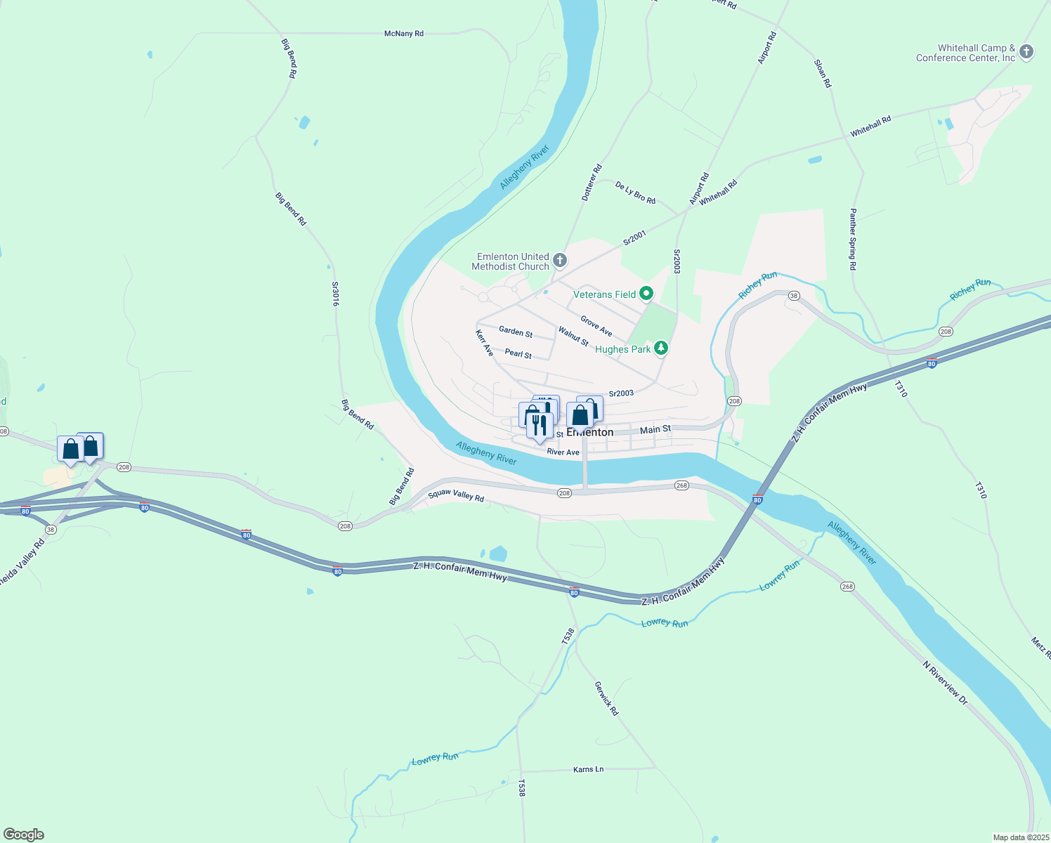 map of restaurants, bars, coffee shops, grocery stores, and more near 705 Hill St in Emlenton