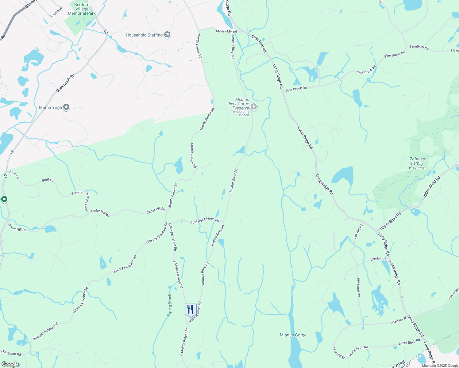 map of restaurants, bars, coffee shops, grocery stores, and more near 103 Mianus River Road in Bedford