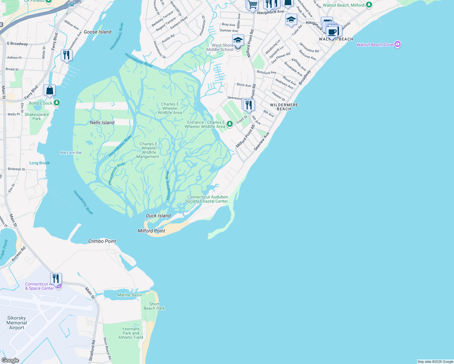 map of restaurants, bars, coffee shops, grocery stores, and more near 12 Marsh St in Milford