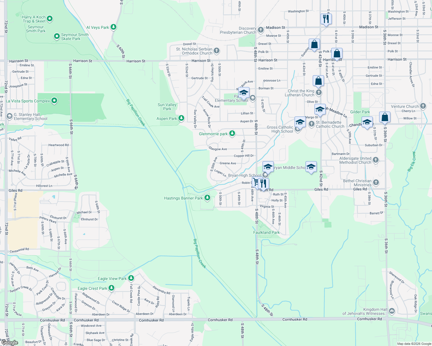 map of restaurants, bars, coffee shops, grocery stores, and more near 4953 Logan Ln in Omaha