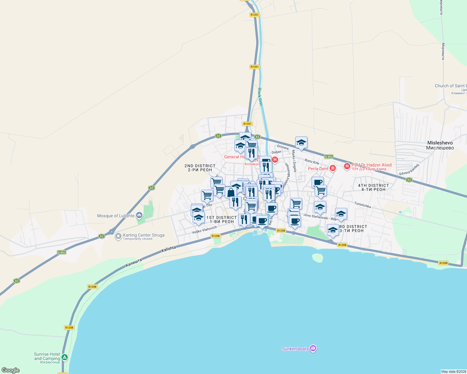 map of restaurants, bars, coffee shops, grocery stores, and more near Elpida Karamandi in Struga