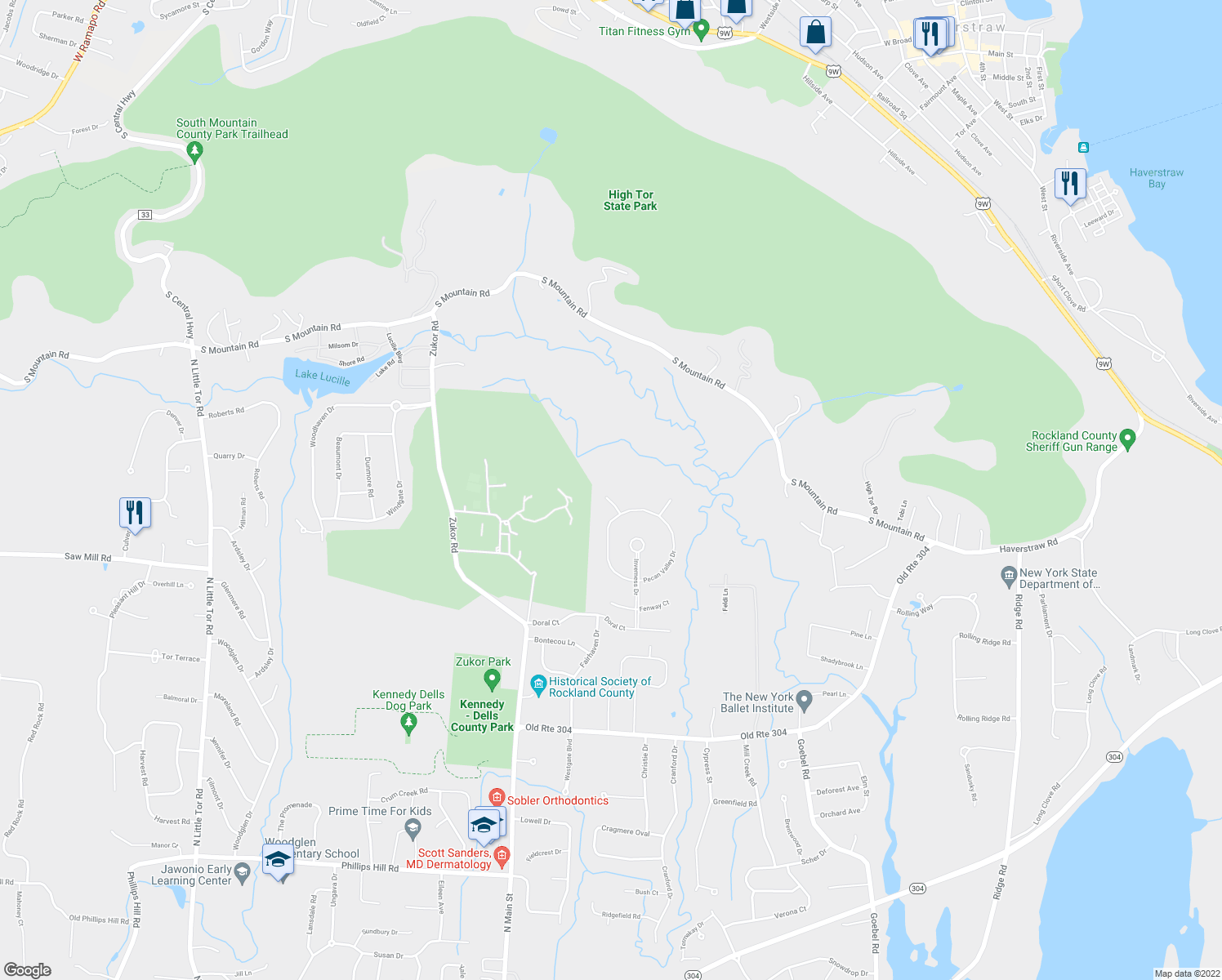 map of restaurants, bars, coffee shops, grocery stores, and more near 6 Turnberry Court in New City