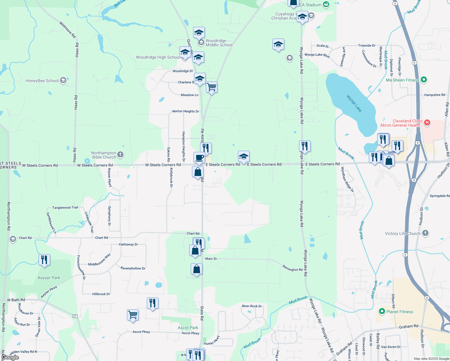 map of restaurants, bars, coffee shops, grocery stores, and more near 3600 Koir Drive in Cuyahoga Falls