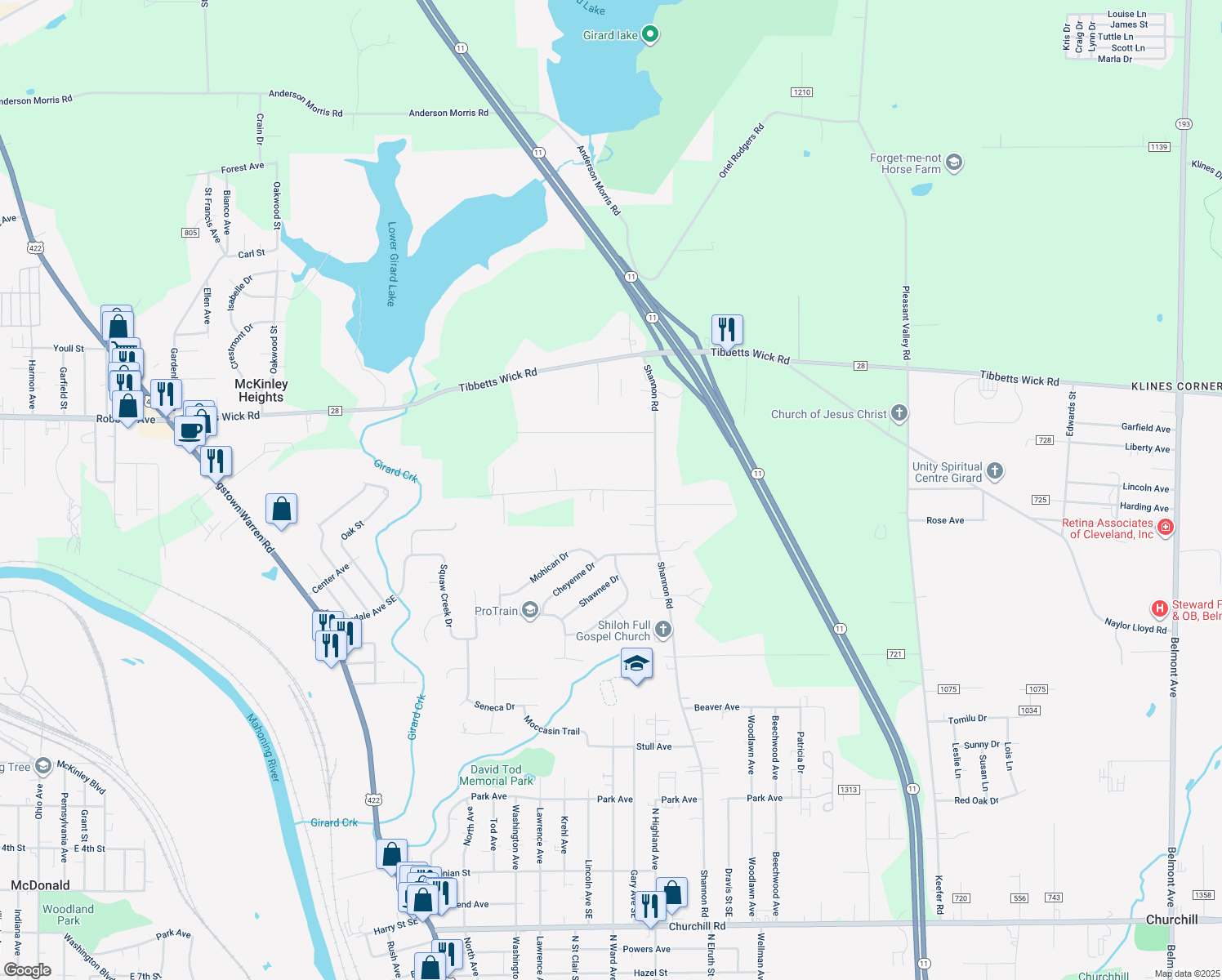 map of restaurants, bars, coffee shops, grocery stores, and more near 545 Secrist Lane in Girard