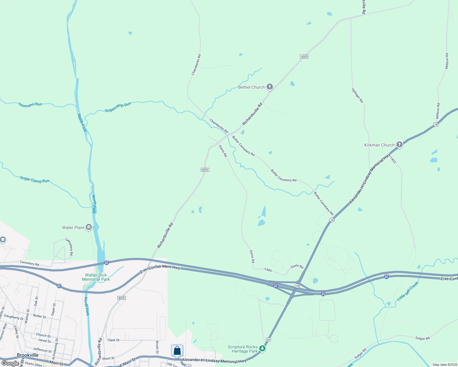 map of restaurants, bars, coffee shops, grocery stores, and more near 1151 Davis Road in Brookville