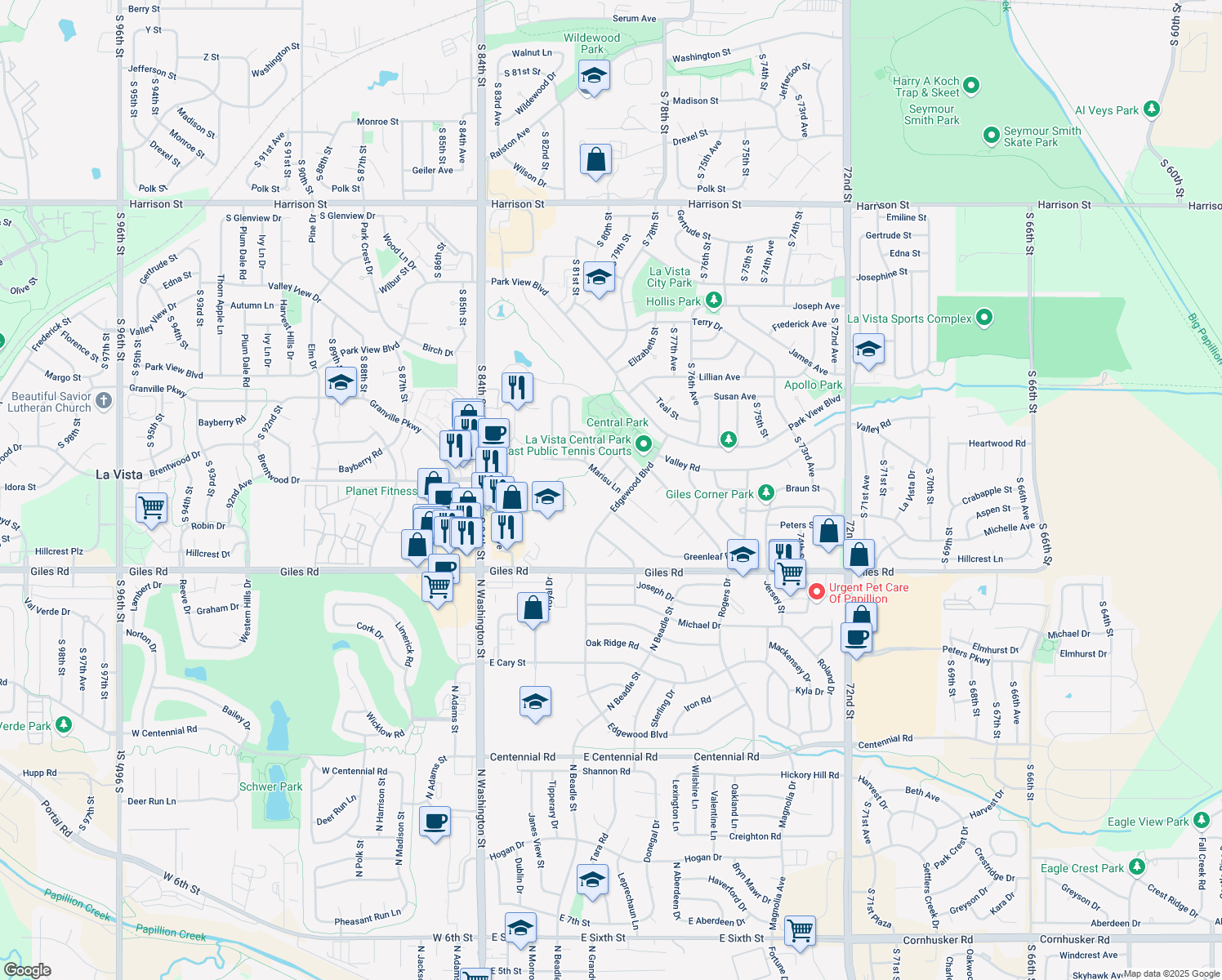 map of restaurants, bars, coffee shops, grocery stores, and more near 7809 Marisu Lane in La Vista