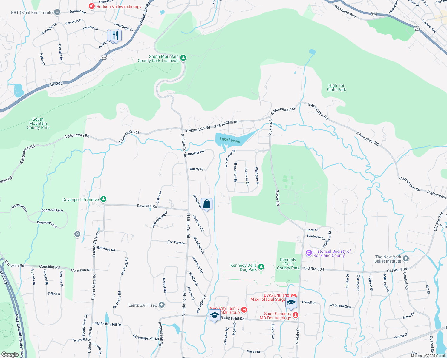 map of restaurants, bars, coffee shops, grocery stores, and more near 44 Woodhaven Drive in New City