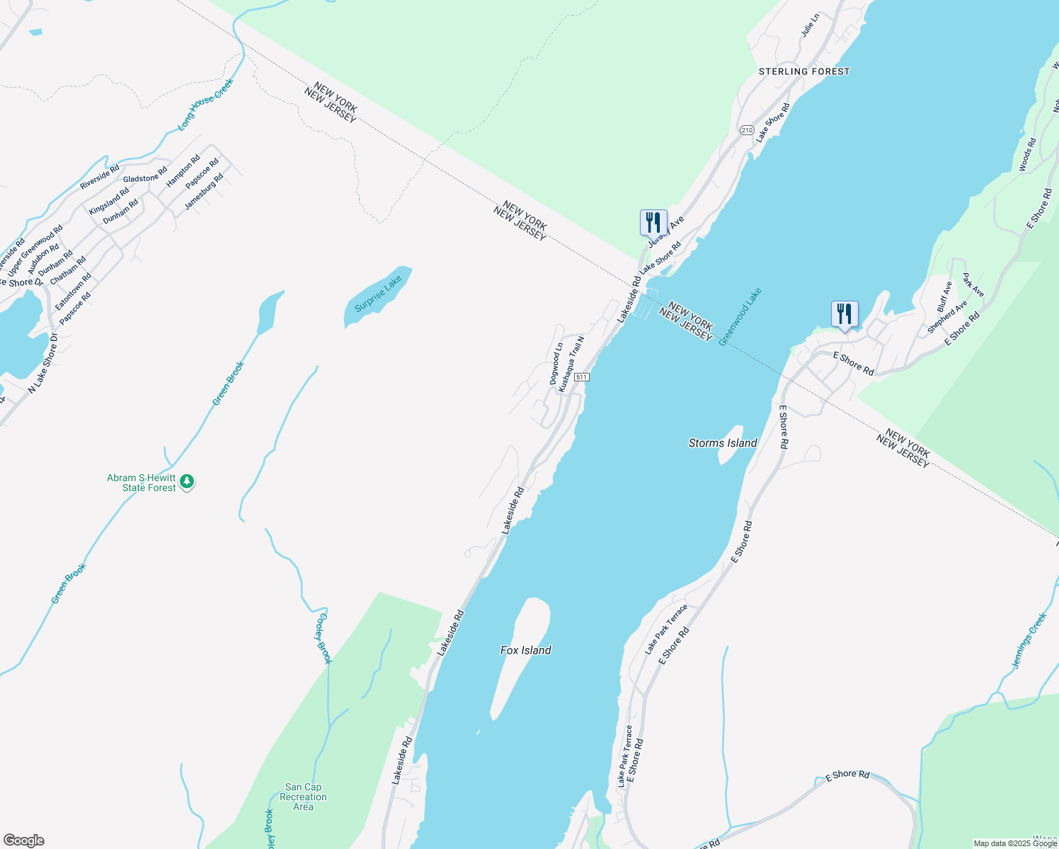 map of restaurants, bars, coffee shops, grocery stores, and more near 423 Lakeside Road in West Milford