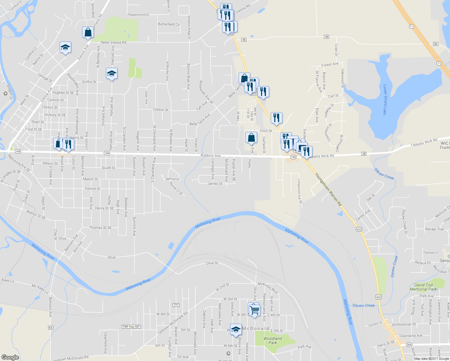 map of restaurants, bars, coffee shops, grocery stores, and more near 218 McDonald Avenue in Niles