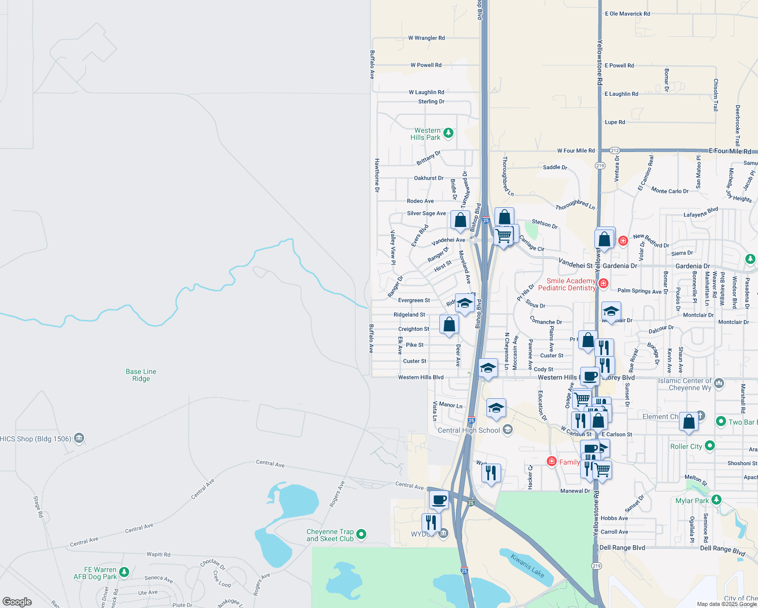 map of restaurants, bars, coffee shops, grocery stores, and more near 921 Ranger Dr in Cheyenne