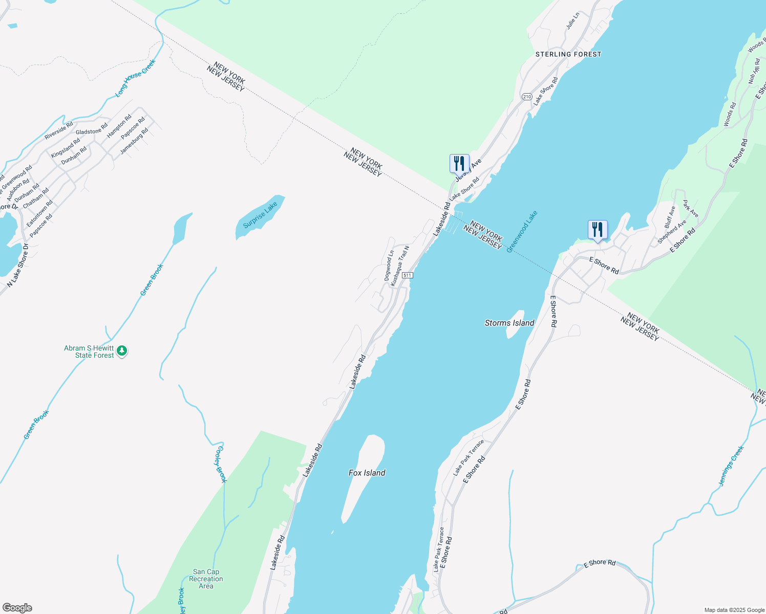 map of restaurants, bars, coffee shops, grocery stores, and more near 423 Lakeside Road in West Milford