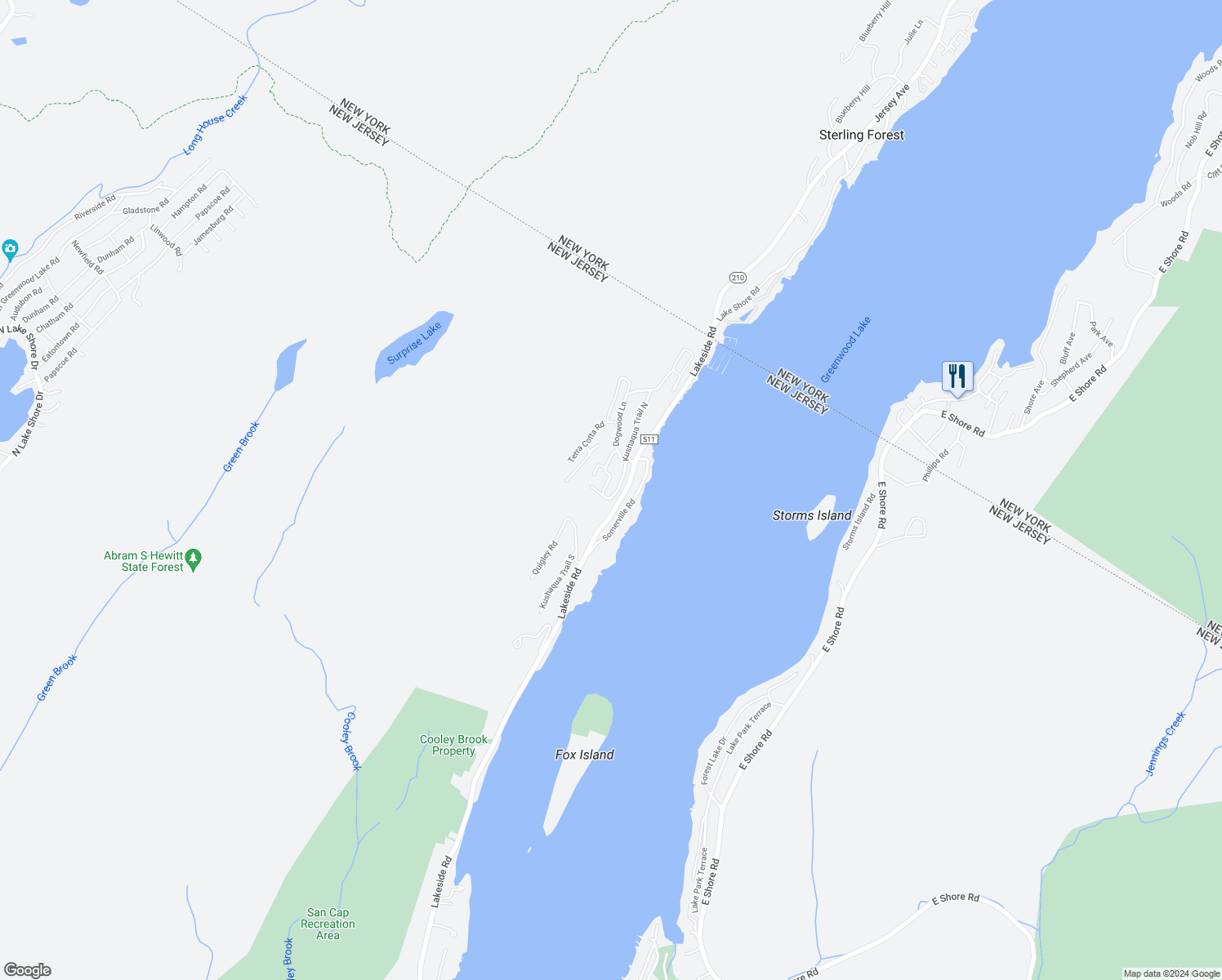 map of restaurants, bars, coffee shops, grocery stores, and more near 3 Kushaqua Trail North in West Milford