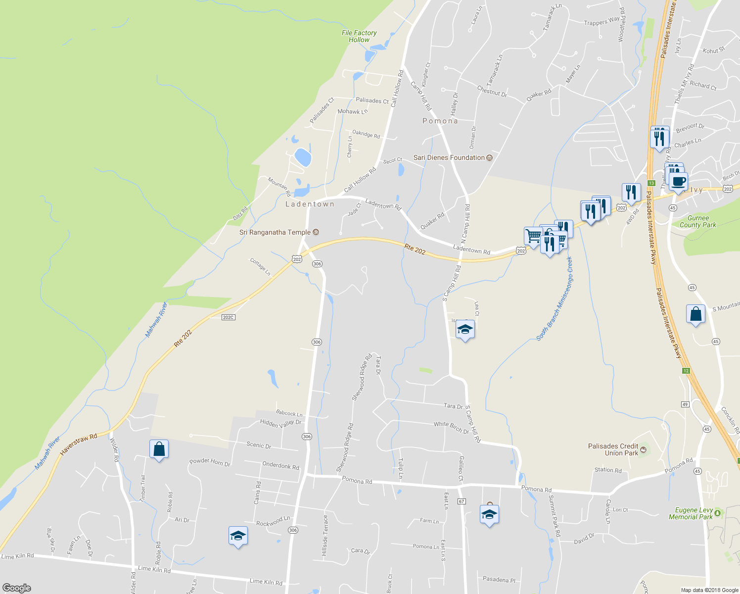 map of restaurants, bars, coffee shops, grocery stores, and more near 65-67 New York 306 in Monsey