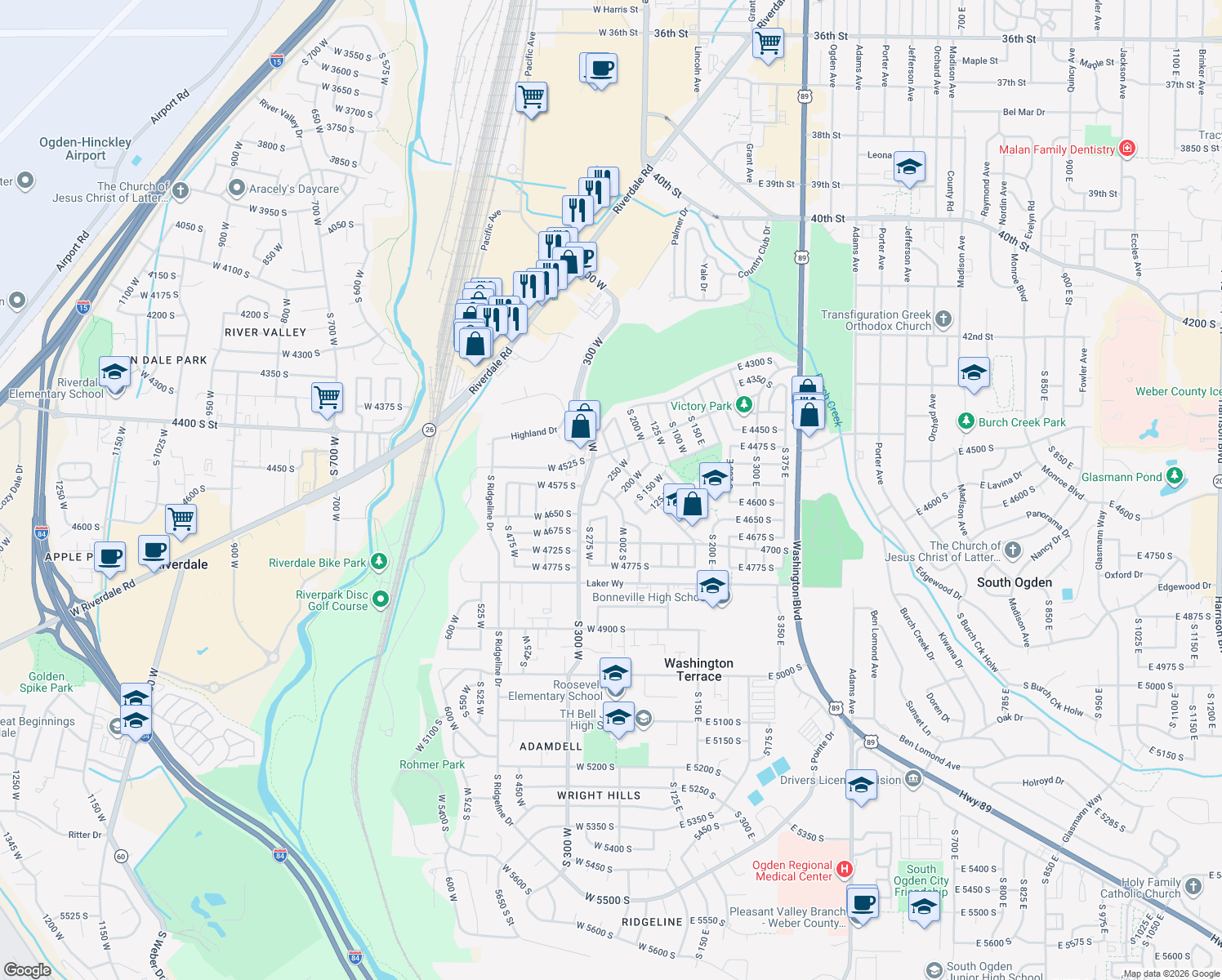 map of restaurants, bars, coffee shops, grocery stores, and more near 224 West 4600 South in Ogden