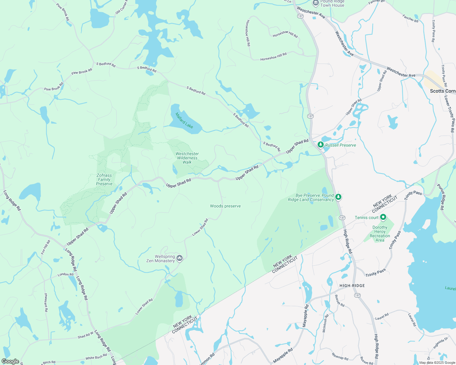 map of restaurants, bars, coffee shops, grocery stores, and more near 154 Upper Shad Road in Pound Ridge