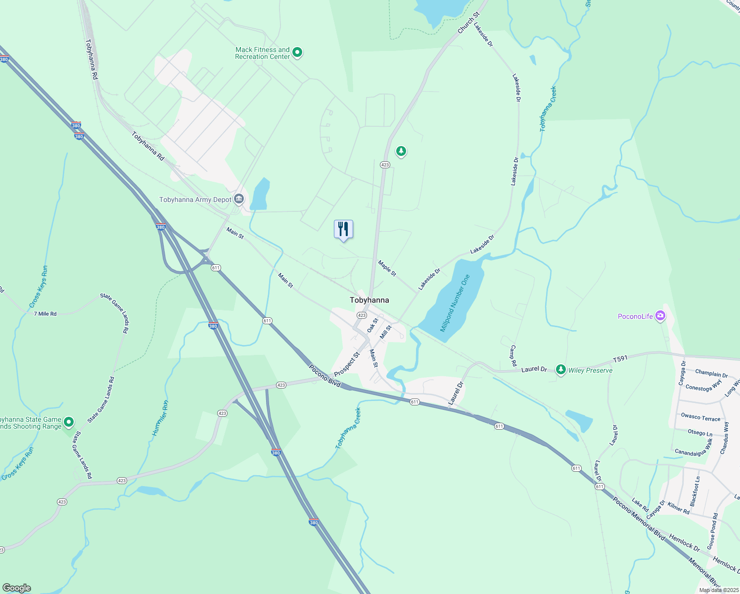 map of restaurants, bars, coffee shops, grocery stores, and more near 2673 Church Street in Tobyhanna
