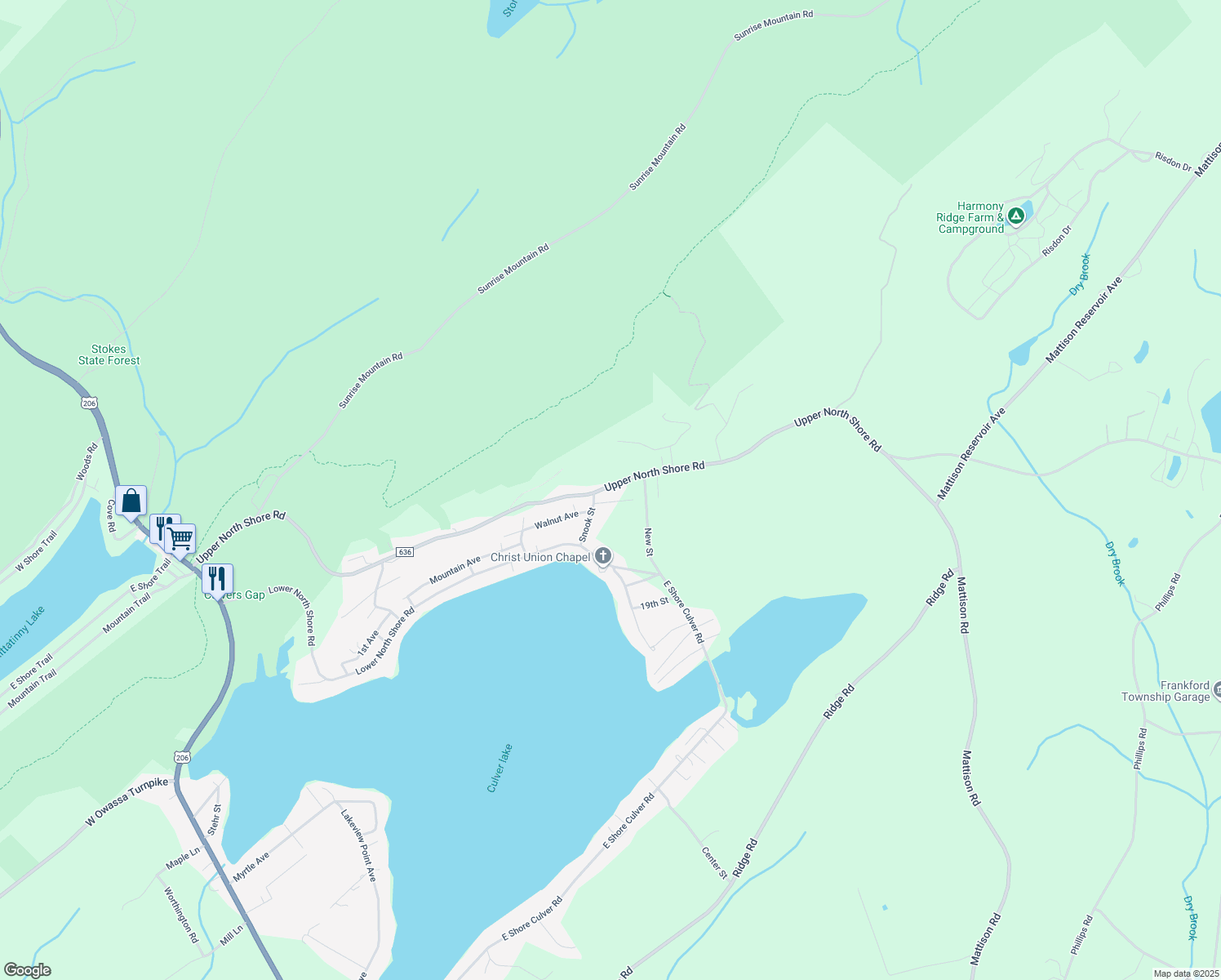 map of restaurants, bars, coffee shops, grocery stores, and more near 76 Upper North Shore Road in Branchville