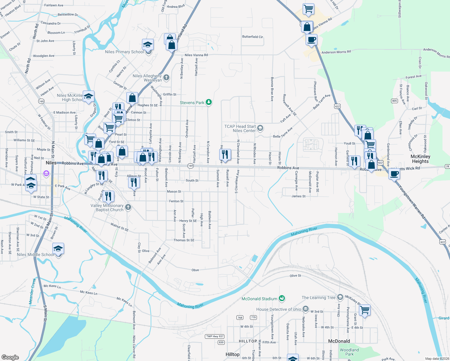 map of restaurants, bars, coffee shops, grocery stores, and more near 52 Russell Ave in Niles
