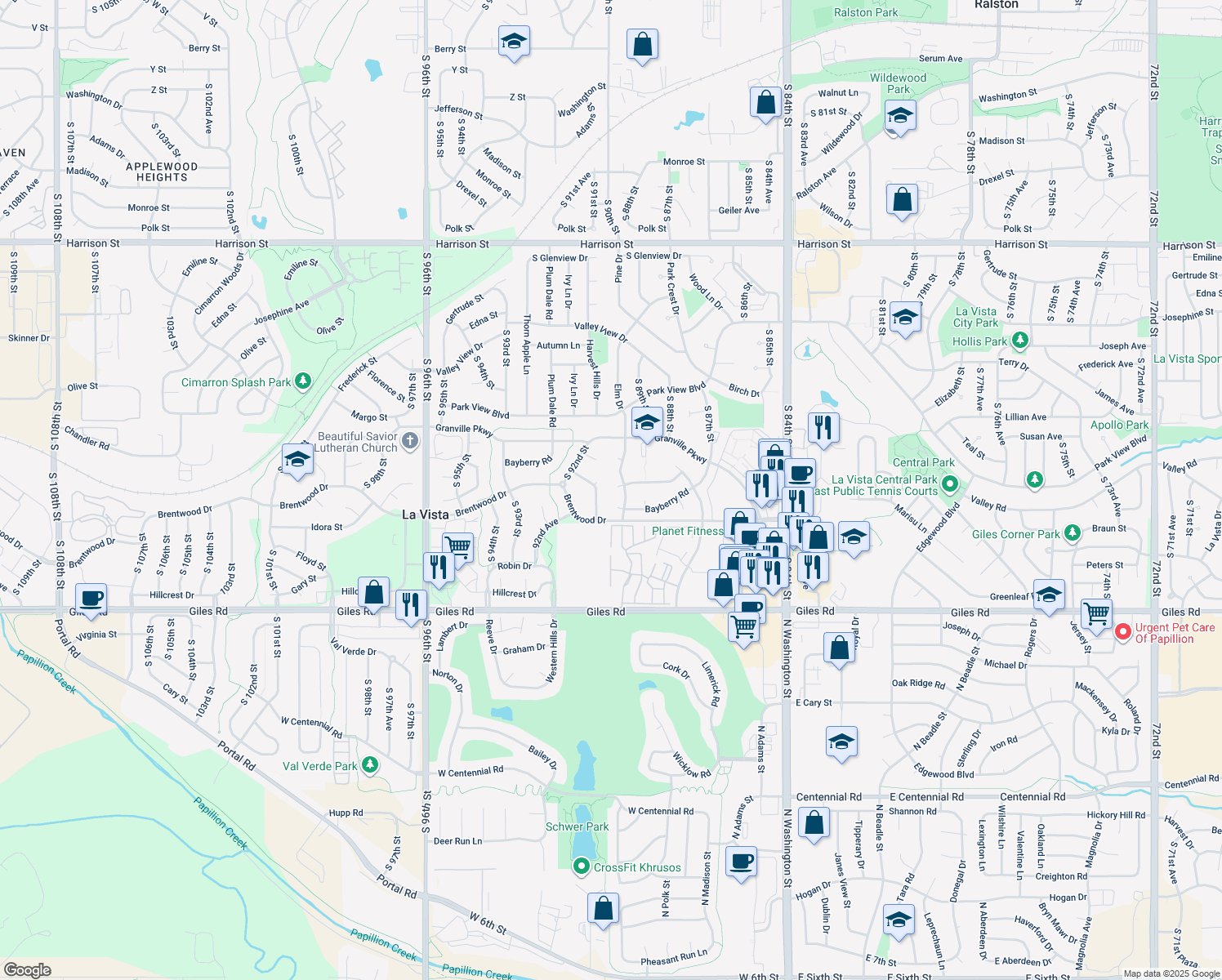 map of restaurants, bars, coffee shops, grocery stores, and more near 9010 Honey Locust Drive in La Vista