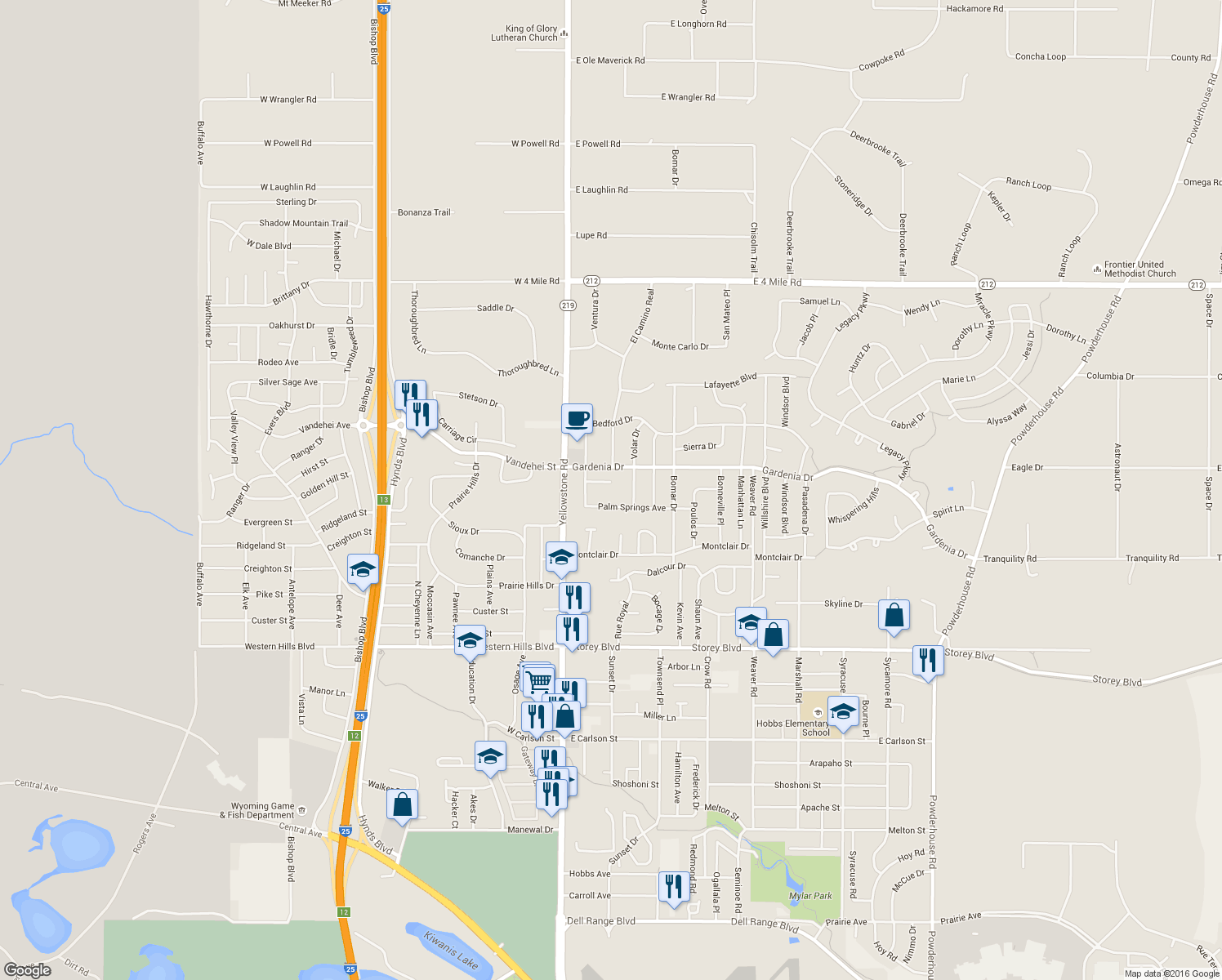 map of restaurants, bars, coffee shops, grocery stores, and more near 221 Talon Court in Cheyenne