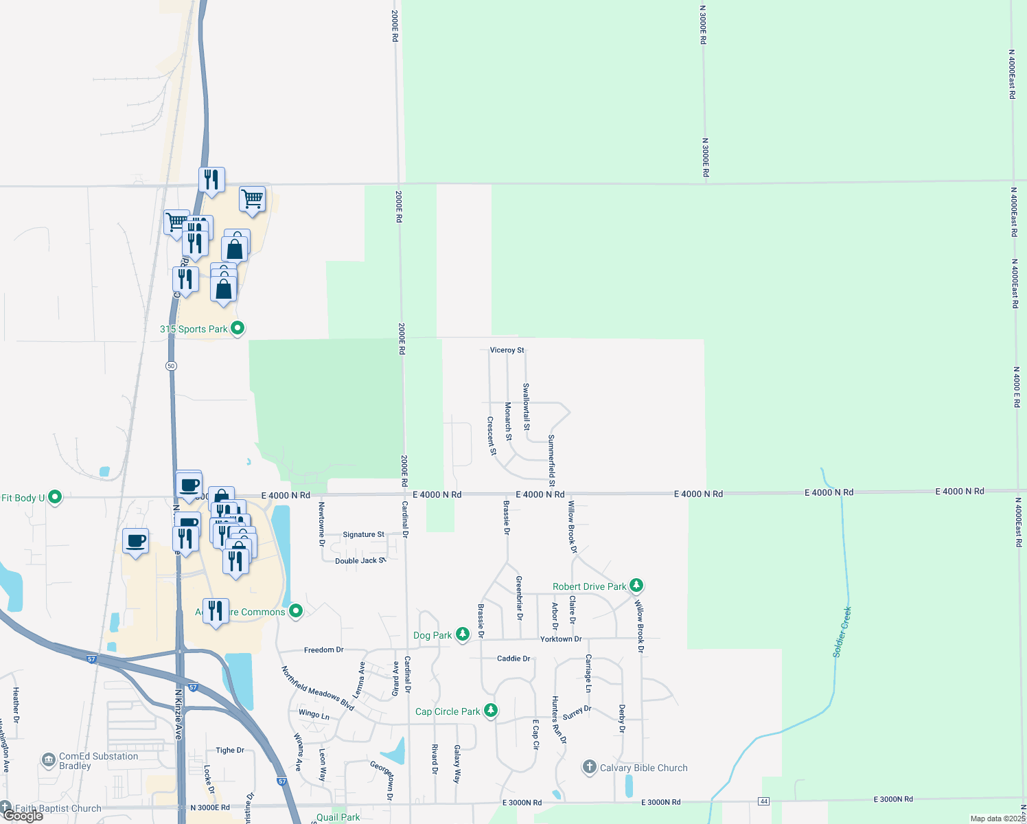 map of restaurants, bars, coffee shops, grocery stores, and more near 2297 Monarch Street in Bourbonnais