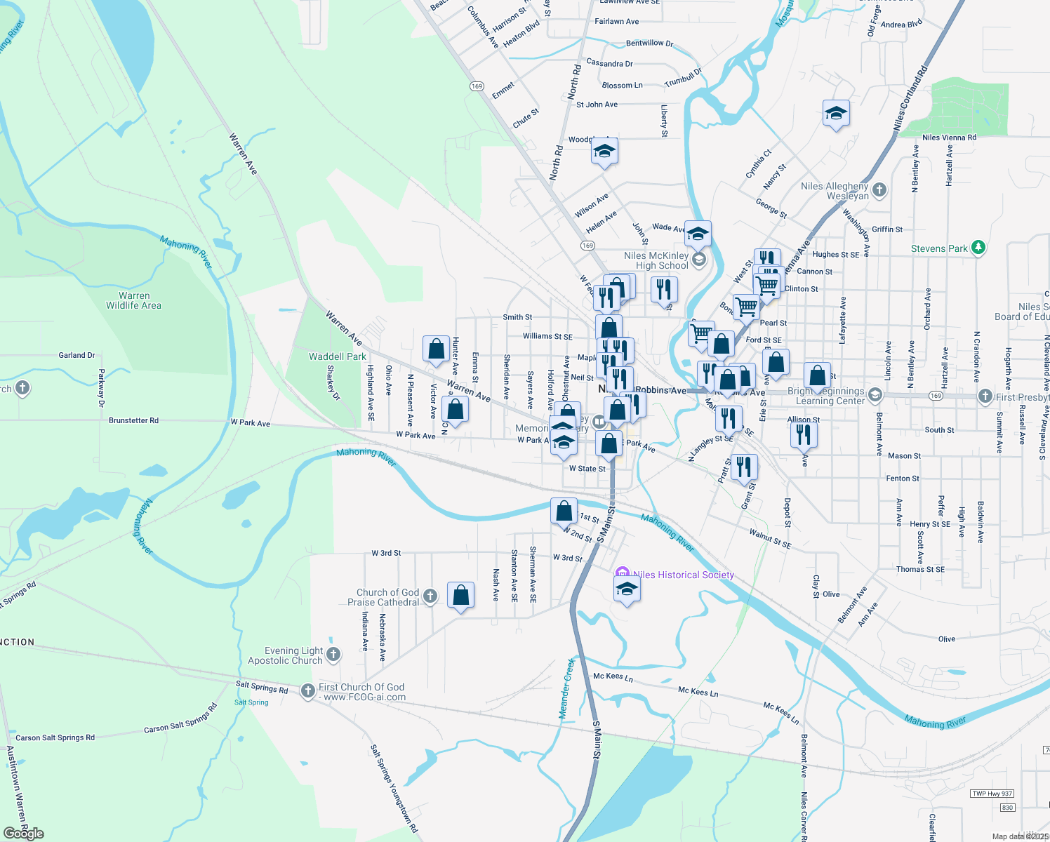 map of restaurants, bars, coffee shops, grocery stores, and more near 323 Warren Avenue in Niles