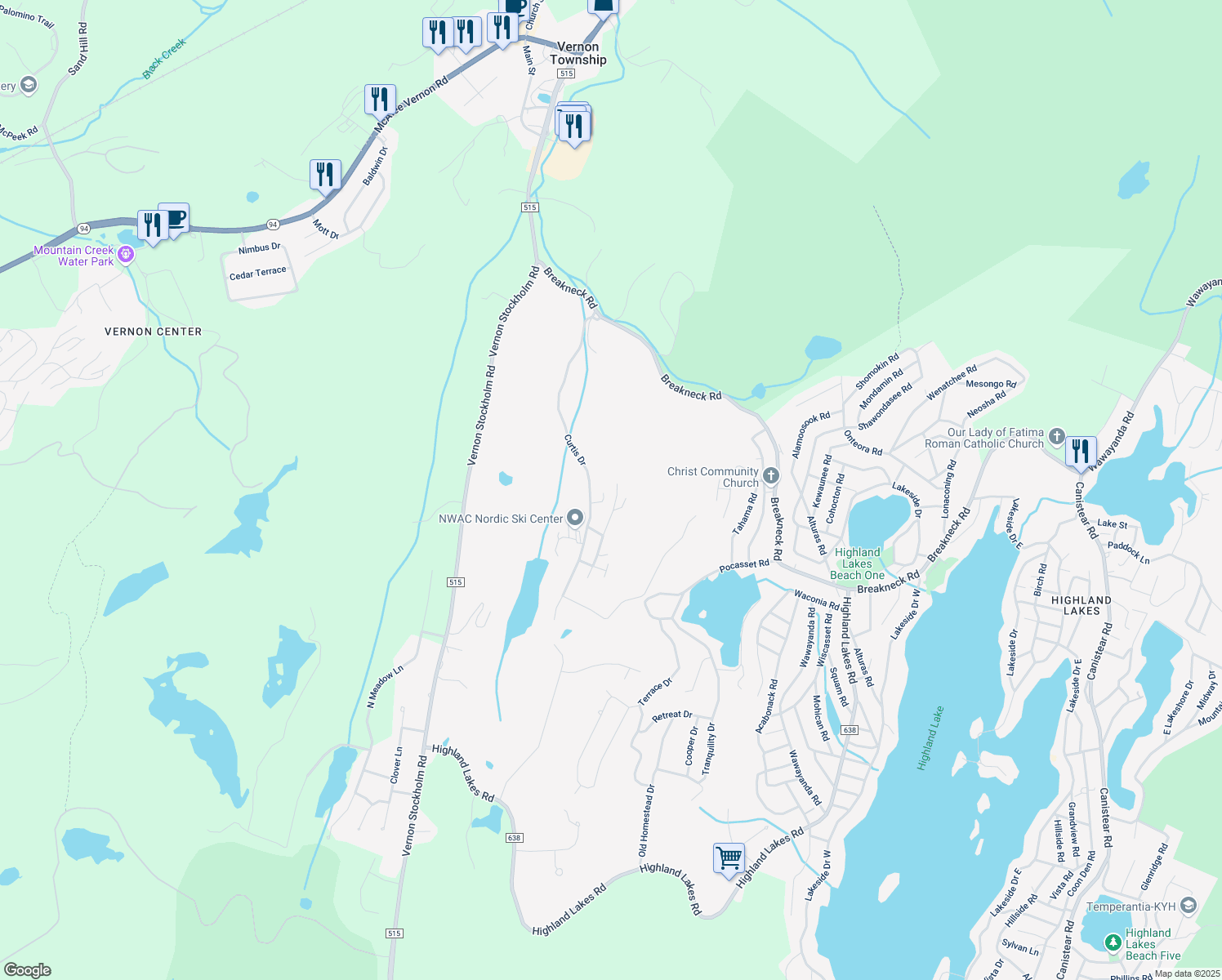 map of restaurants, bars, coffee shops, grocery stores, and more near 17 Village Way in Vernon Township
