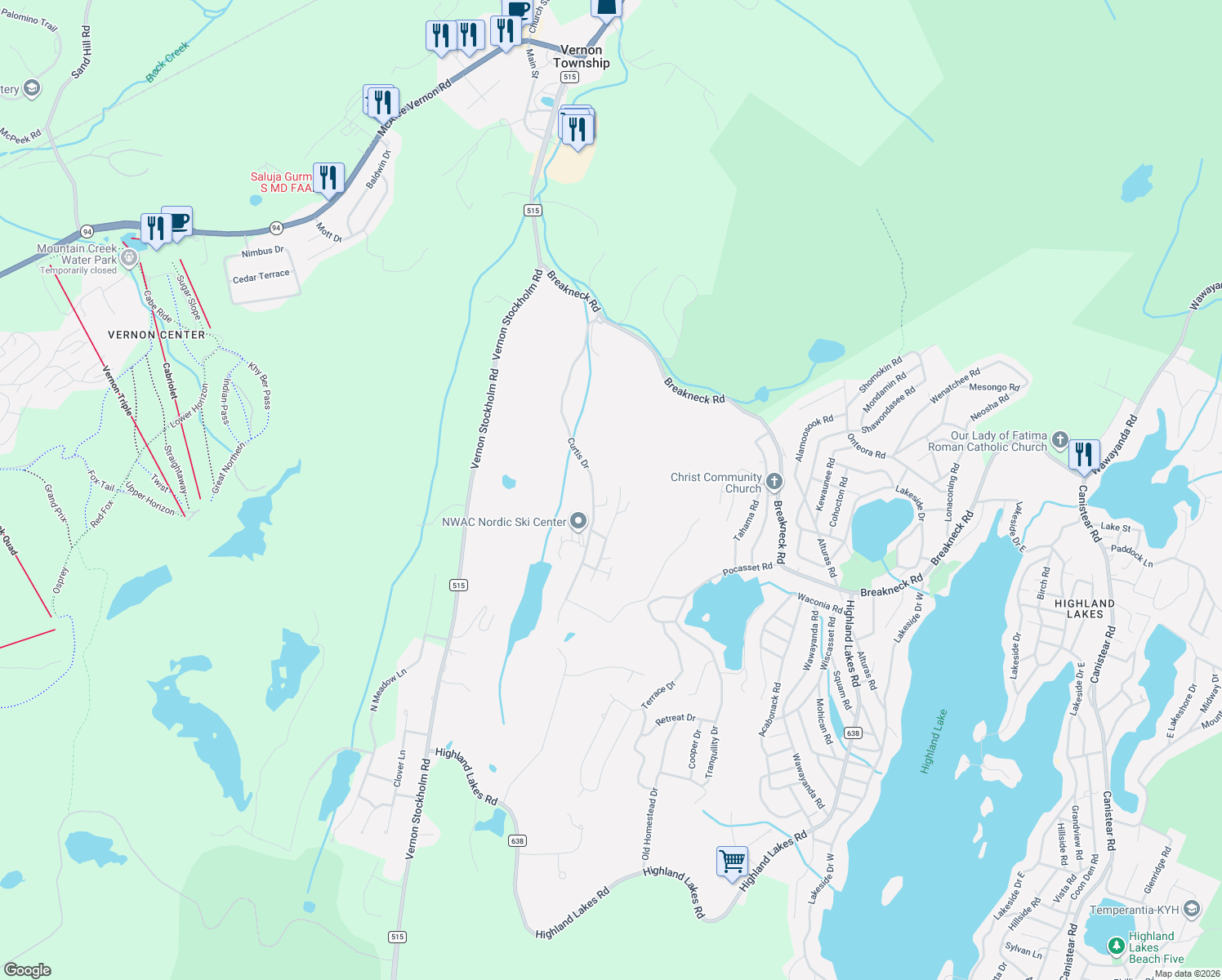 map of restaurants, bars, coffee shops, grocery stores, and more near 17 Village Way in Vernon Township