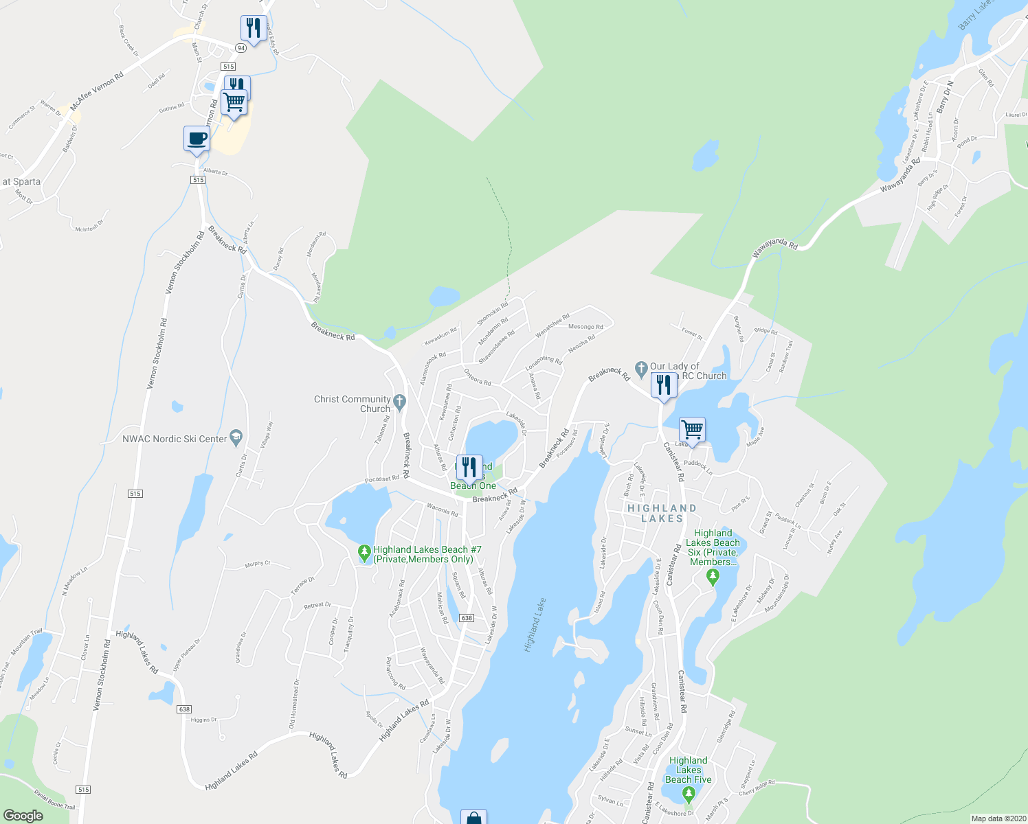 map of restaurants, bars, coffee shops, grocery stores, and more near 49 Lakeside Drive in Sussex County