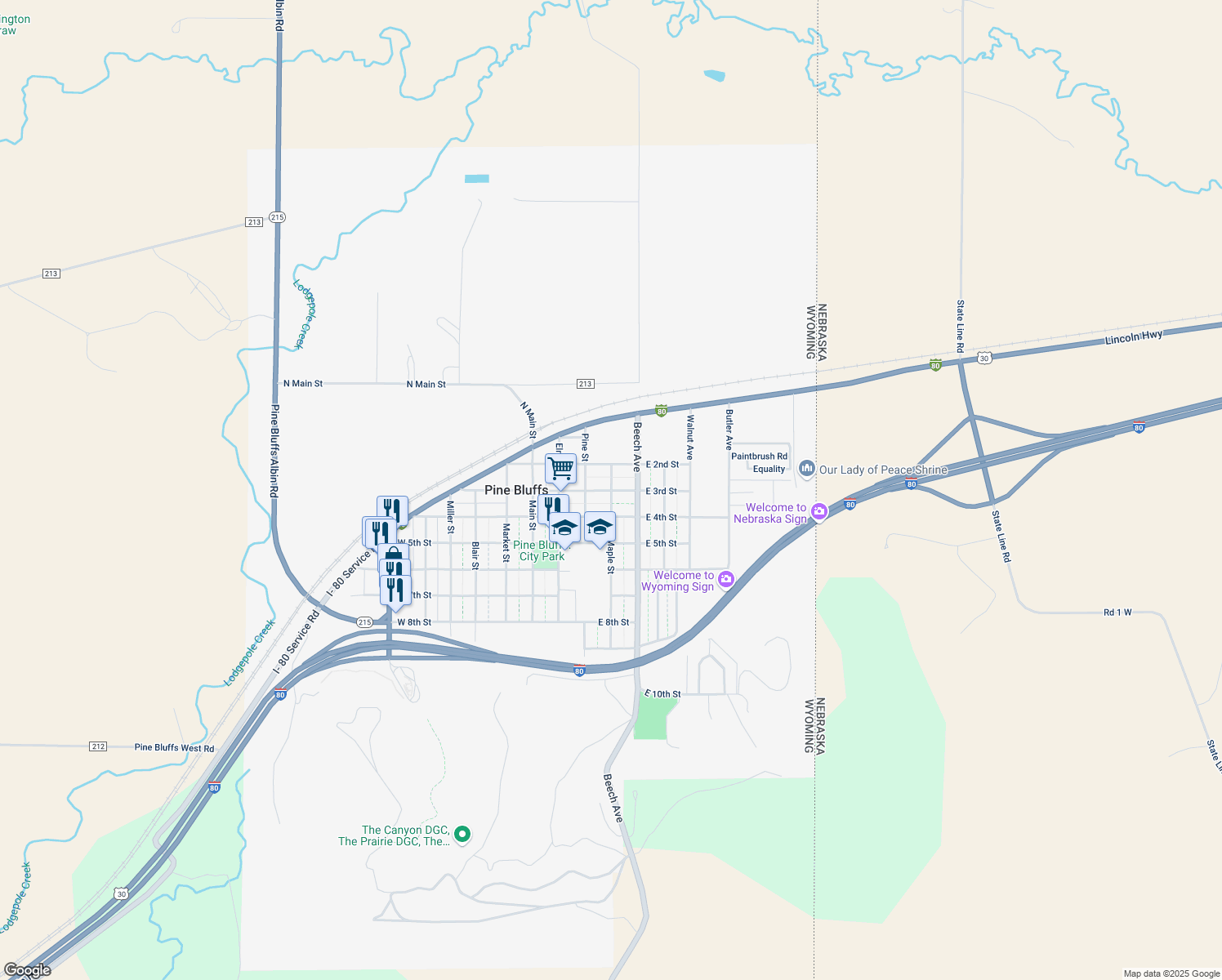 map of restaurants, bars, coffee shops, grocery stores, and more near 299 Maple Street in Pine Bluffs