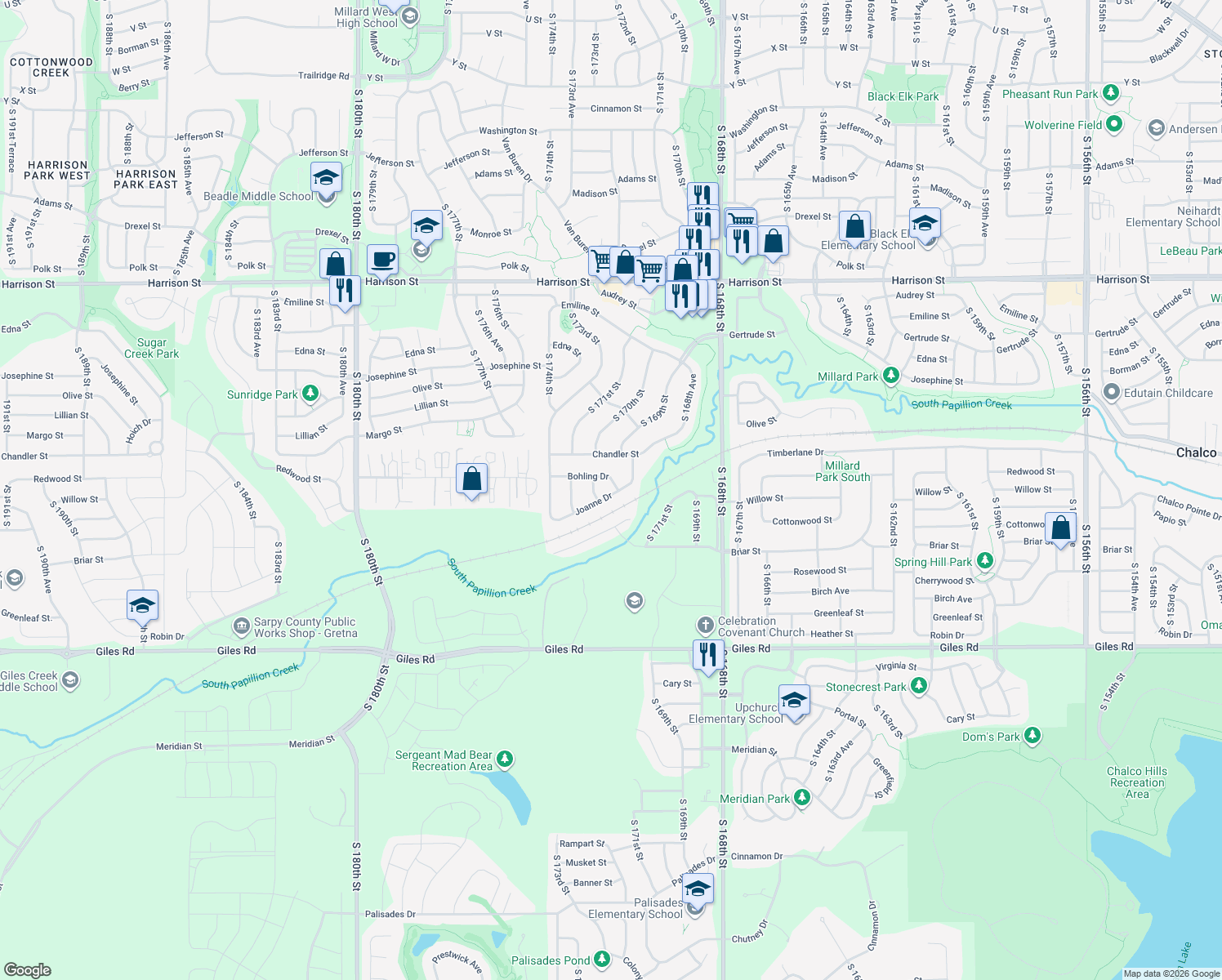 map of restaurants, bars, coffee shops, grocery stores, and more near 17003 Bohling Dr in Omaha