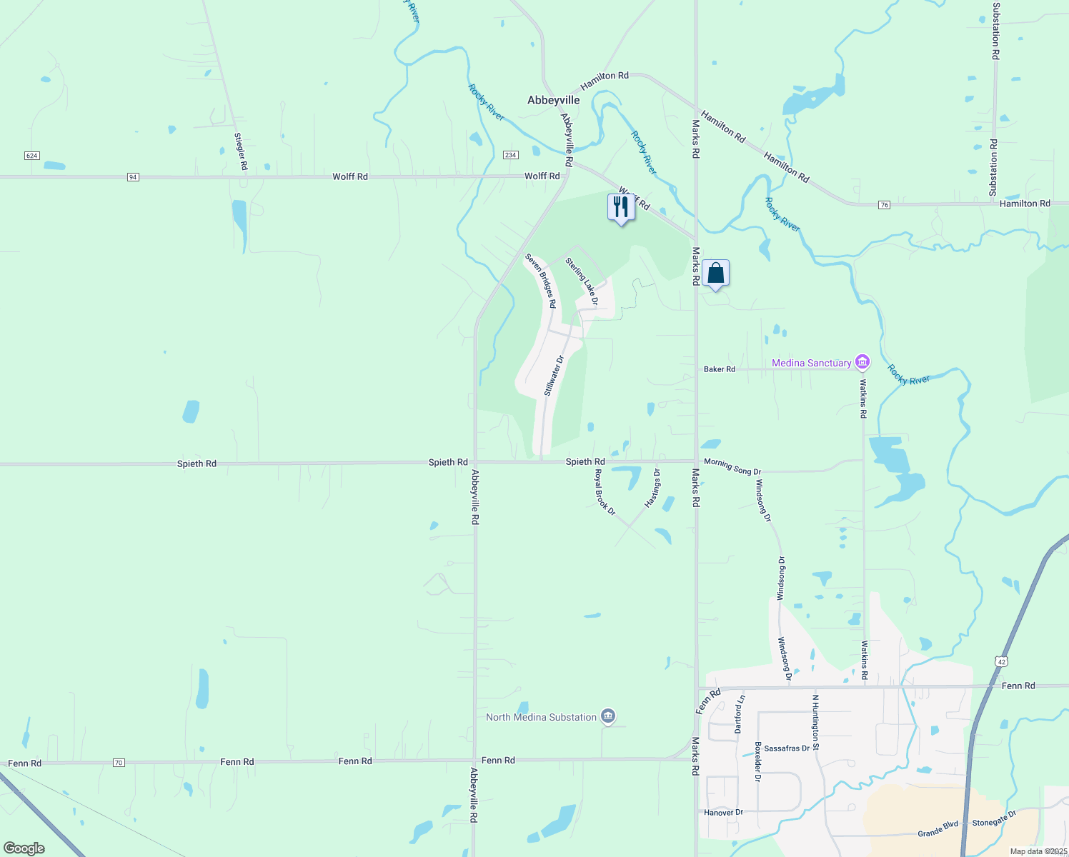 map of restaurants, bars, coffee shops, grocery stores, and more near 3370 Stillwater Drive in Medina