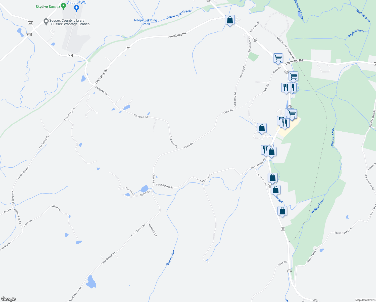 map of restaurants, bars, coffee shops, grocery stores, and more near 79 Clark Road in Wantage