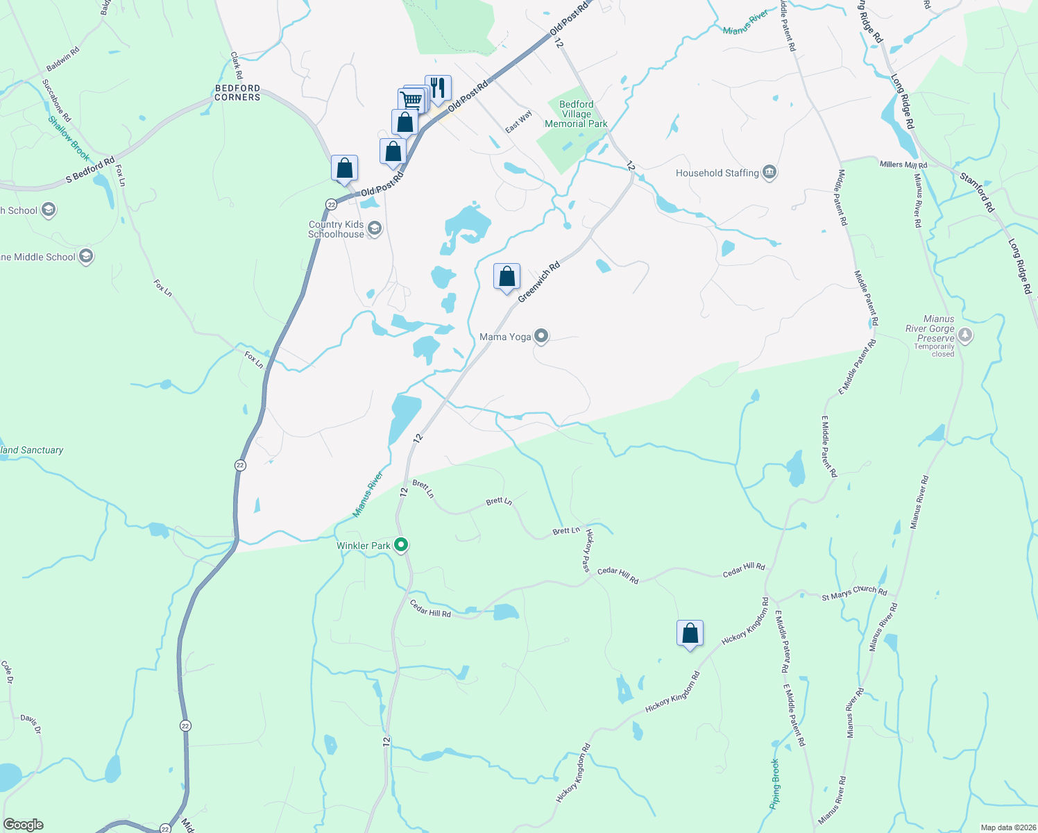 map of restaurants, bars, coffee shops, grocery stores, and more near 66 Millbrook Road in Bedford