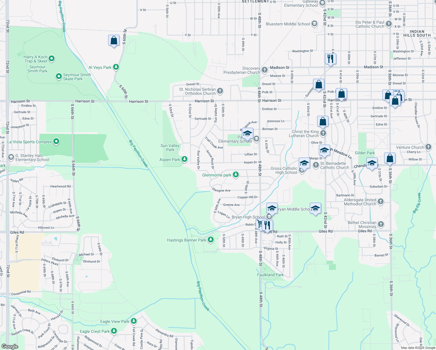 map of restaurants, bars, coffee shops, grocery stores, and more near 7817 Arrow Rock Drive in Omaha