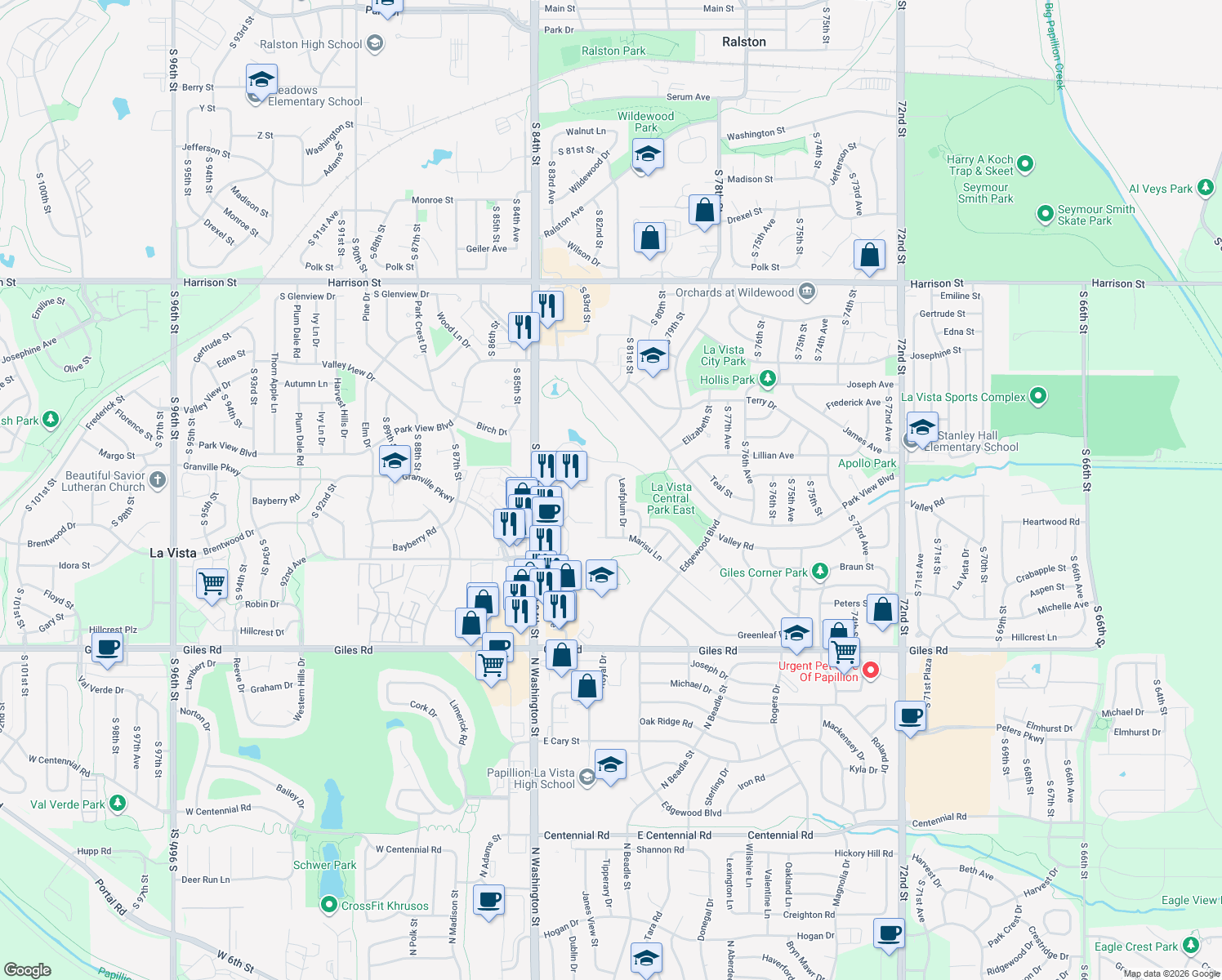 map of restaurants, bars, coffee shops, grocery stores, and more near 7812 Leaf Plum Drive in La Vista