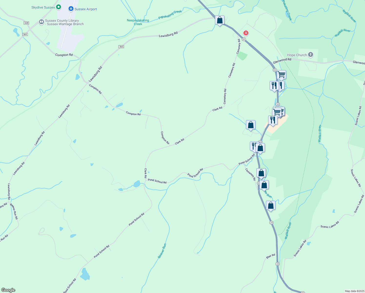 map of restaurants, bars, coffee shops, grocery stores, and more near 79 Clark Road in Wantage