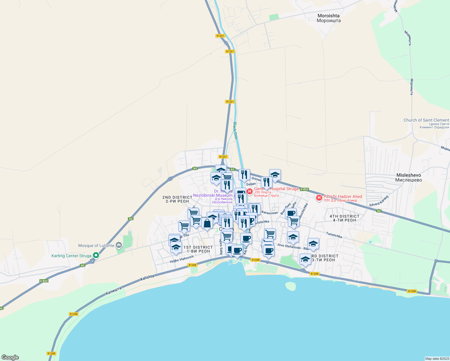 map of restaurants, bars, coffee shops, grocery stores, and more near Proleterski Brigadi in Struga